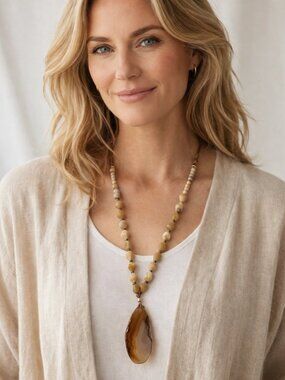 J Jill Agate Pendant Necklace Long Beaded Adjustable Boho Artisan Statement NWT